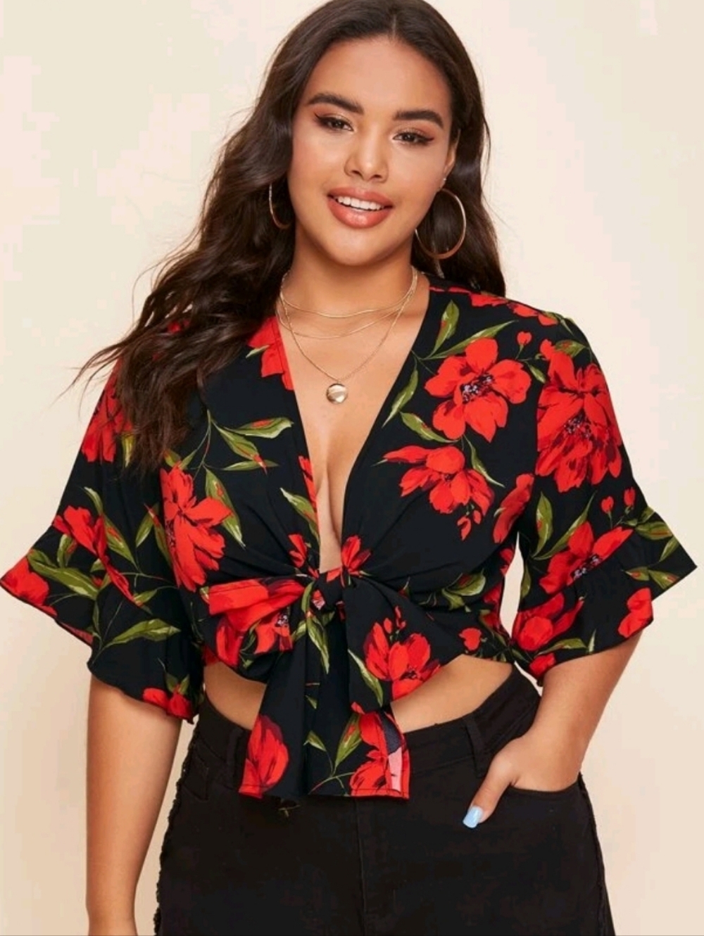 SHEIN bundle Floral tie in front blouse with satin like cami Size 2XL